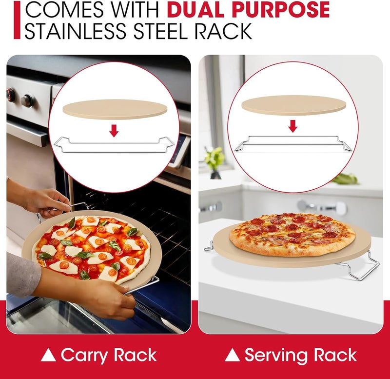 Unicook 12 Inch Round Pizza Stone for Oven and Grill, Cordierite Bread Baking Stone, Baking Crispy Pizzas, Bread and Cookies, Includes Carry Rack and Dough Scraper - Image 4